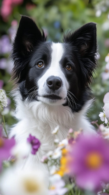 Black and white puppy with a curious expression, exploring a garden filled with blooming flowers.