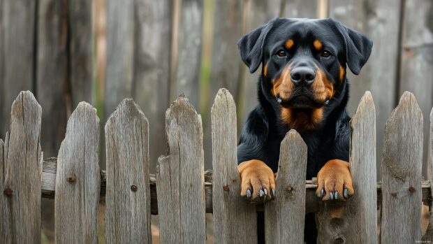 Black dog desktop HD wallpaper with a Rottweiler with a focused gaze, sitting by a rustic wooden fence.