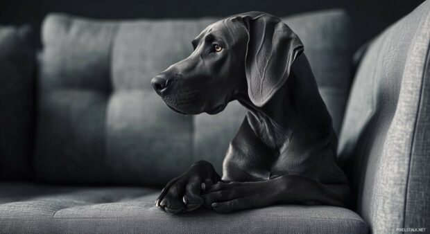 Black dog wallpaper HD with a Great Dane resting on a modern couch, blending elegance with comfort.