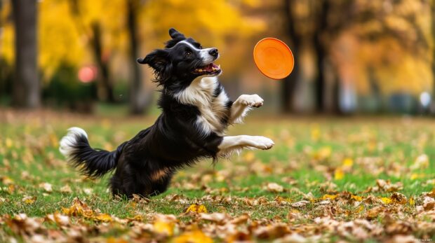 Black dog wallpaper with a Border Collie mid jump, catching a frisbee in a park.