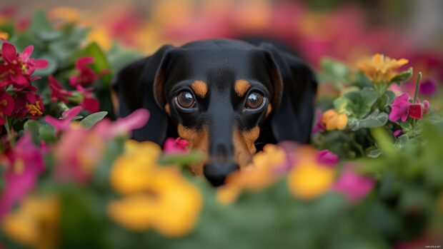 Black dog wallpaper with a cheerful Dachshund peeking out from a colorful flower bed.