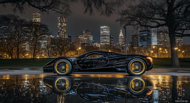 Black hypercar desktop wallpaper with gold accents, parked on a wet street at night with neon reflections and a dramatic urban skyline in the background.