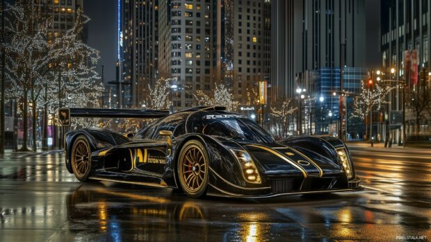 Black hypercar with gold accents, parked on a wet street at night with neon reflections and a dramatic urban skyline in the background.