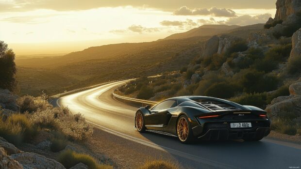 Black supercar 4K wallpaper with gold rims and details, captured on a winding mountain road at sunset with golden light reflecting off its body.