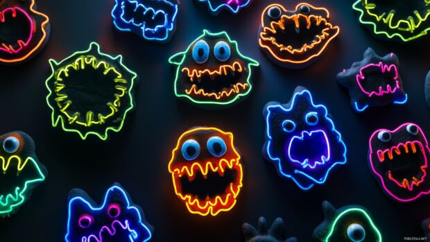 Black wallpaper with friendly monster faces in bright neon outlines, creating a cool yet playful monster theme perfect for kids.