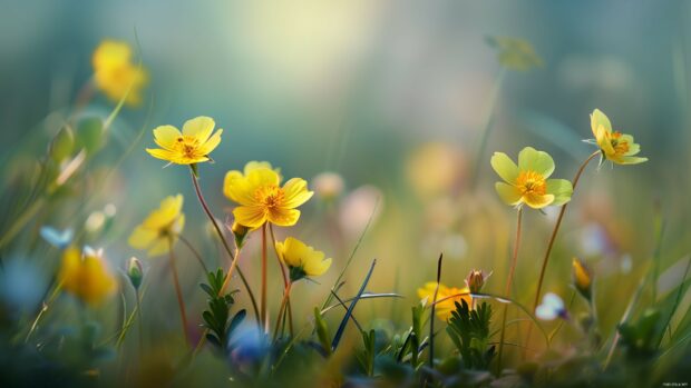 Blooming spring flowers in a meadow.