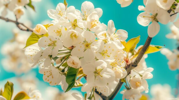 Blossoming spring flowers with a blue sky backdrop.