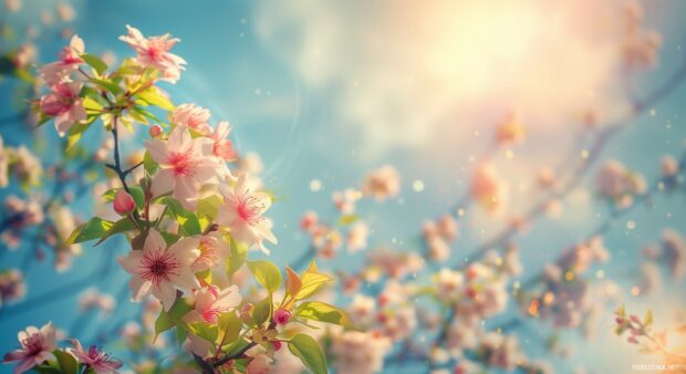 Blossoming spring flowers with a blue sky backdrop.