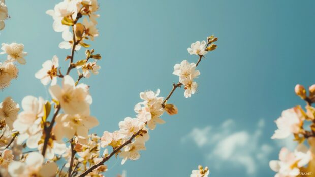 Blossoming spring flowers with a blue sky backdrop.