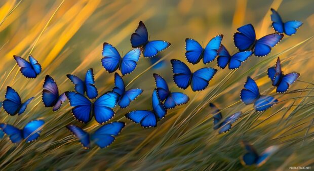 Blue butterflies gracefully flying over a sunlit meadow.