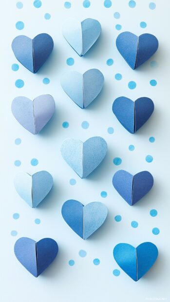 Blue hearts in various shades, set against a light blue polka dot background, creating a cheerful and whimsical atmosphere.