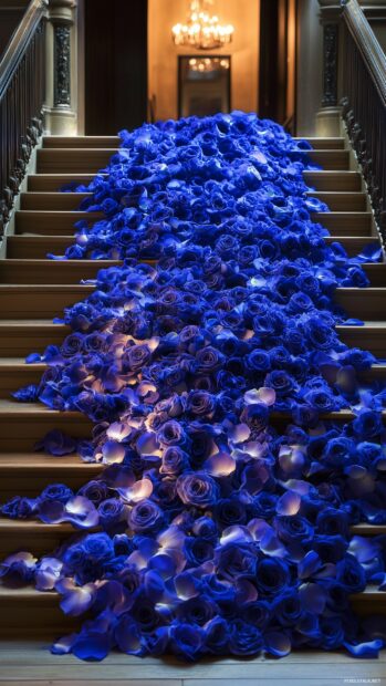 Blue roses cascading down a staircase, with warm light illuminating the petals.