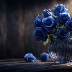 Blue roses in a delicate glass vase, placed on a rustic wooden table, with natural light casting gentle shadows.