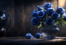 Blue roses in a delicate glass vase, placed on a rustic wooden table, with natural light casting gentle shadows.