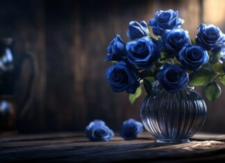 Blue roses in a delicate glass vase, placed on a rustic wooden table, with natural light casting gentle shadows.