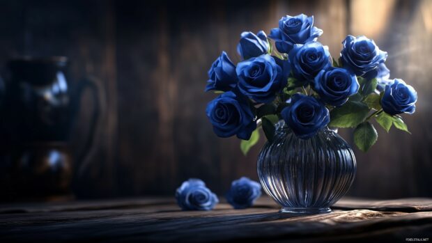 Blue roses in a delicate glass vase, placed on a rustic wooden table, with natural light casting gentle shadows.