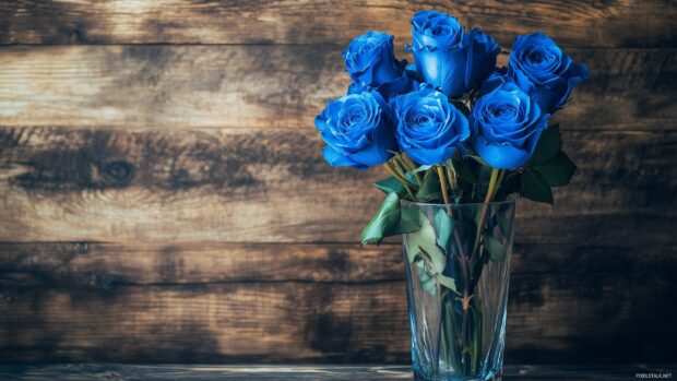 Blue roses in a delicate glass vase, placed on a rustic wooden table, with natural light casting gentle shadows, evoking a cozy and inviting ambiance.