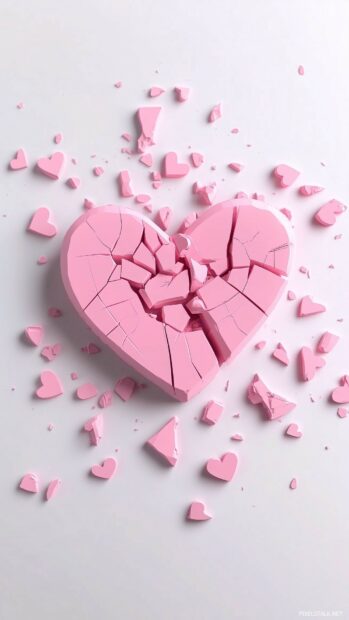 Broken heart pieces scattered on a clean white surface.