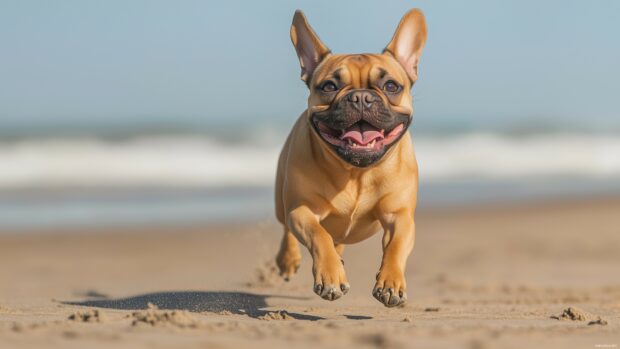 Bulldog Wallpaper with a joyful look, running along a sandy beach with ocean waves in the distance.