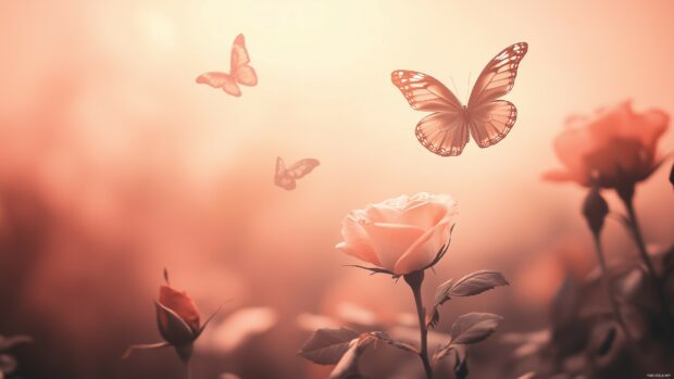 Butterflies fluttering around a single rose.