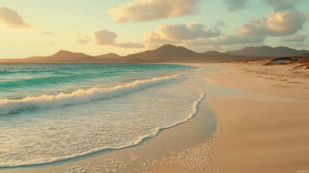 Calm beach scene with gentle waves washing over white sand, under a soft pastel sunset.