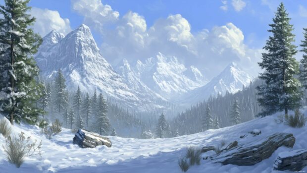 Calm snowy mountain scene Laptop 4K Wallpaper with pine trees, snow covered peaks, and a bright winter sky, evoking tranquility.