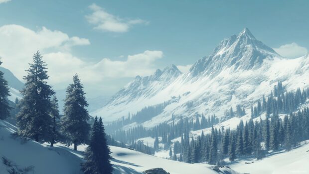 Calm snowy mountain scene with pine trees, snow covered peaks, and a bright winter sky, evoking tranquility.