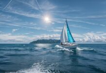 Captivating summer 1080p desktop Background of a sailboat gliding across a shimmering blue ocean on a sunny day.