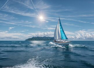 Captivating summer 1080p desktop Background of a sailboat gliding across a shimmering blue ocean on a sunny day.