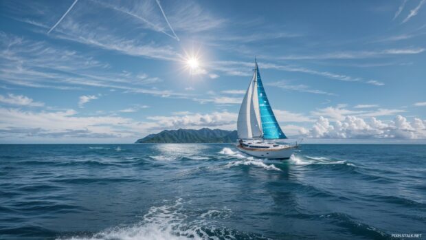 Captivating summer 1080p desktop Background of a sailboat gliding across a shimmering blue ocean on a sunny day.