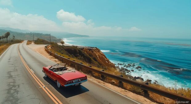 Car 1080p HD background with a cool car cruising along a coastal highway with ocean views.