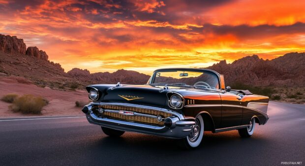 Car 1080p full HD background with a classic convertible driving through a desert road at sunset.