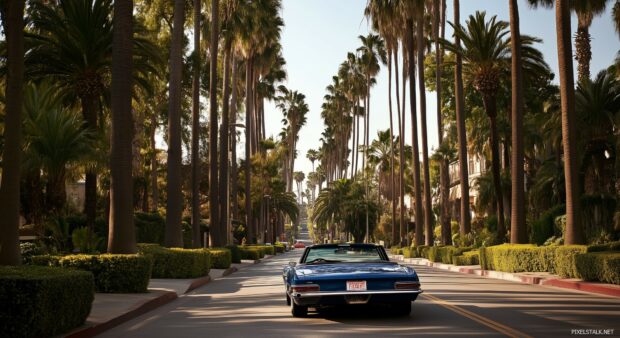 Car 1080p full HD background with its top down, driving through a palm tree lined boulevard.