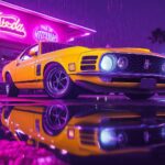 Car Desktop HD Wallpaper with with a 1970s Ford Mustang in bright yellow.