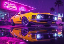 Car Desktop HD Wallpaper with with a 1970s Ford Mustang in bright yellow.