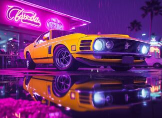 Car Desktop HD Wallpaper with with a 1970s Ford Mustang in bright yellow.