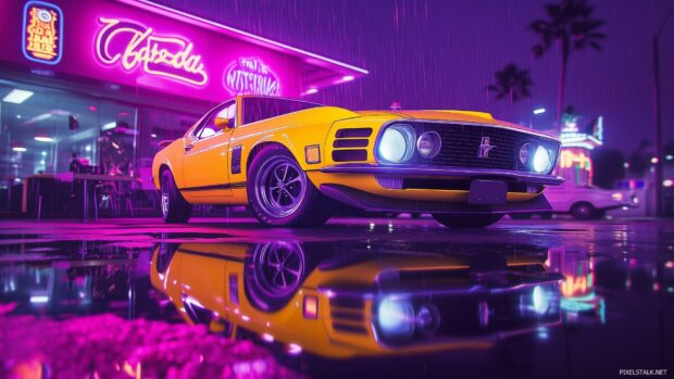 Car Desktop HD Wallpaper with with a 1970s Ford Mustang in bright yellow.