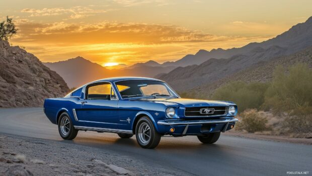 Car Desktop Wallpaper with a classic 1965 Ford Mustang Coupe in royal blue.