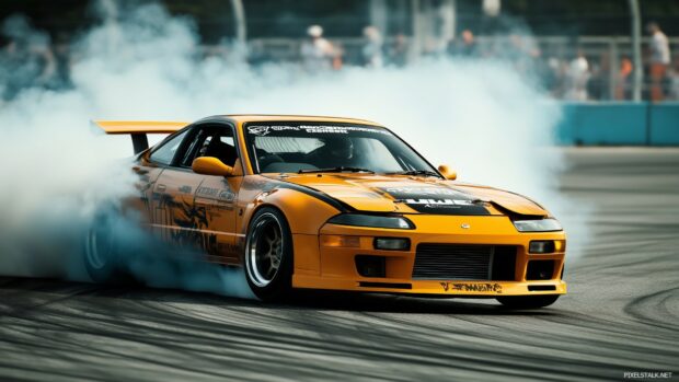 Car HD Wallpaper 1080p with aggressive bodywork, performing a perfect drift on a racetrack, with thick smoke enveloping the rear tires.