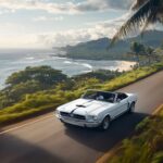 Car Live 4K Wallpaper with a Ford Mustang Convertible in classic white, driving along a coastal road.