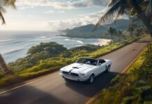 Car Live 4K Wallpaper with a Ford Mustang Convertible in classic white, driving along a coastal road.