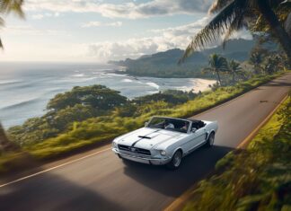 Car Live 4K Wallpaper with a Ford Mustang Convertible in classic white, driving along a coastal road.