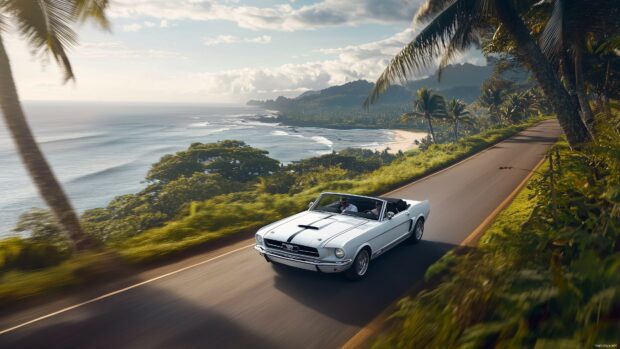 Car Live 4K Wallpaper with a Ford Mustang Convertible in classic white, driving along a coastal road.