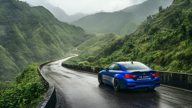 Car Live Wallpaper with a BMW M4 in a vibrant blue color, driving through a mountain pass with sharp turns and lush green scenery.