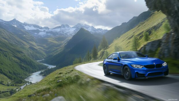 Car PC Wallpaper with a BMW M4 in a vibrant blue color, driving through a mountain pass.