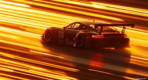 Car PC Wallpaper with a GT3 race car zooming down a straightaway at sunrise.