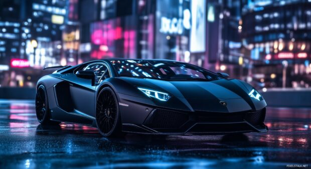 Car PC Wallpaper with a Lamborghini Aventador in matte black, parked in front of a futuristic cityscape at night.