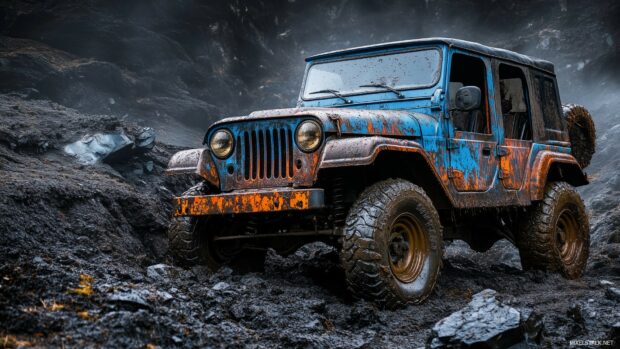 Car PC Wallpaper with a rugged off road vehicle covered in mud climbing a steep, rocky hill.