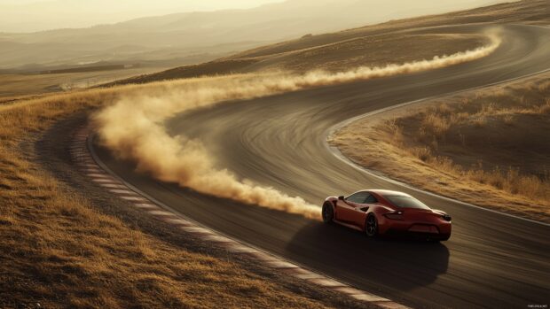 Car PC Wallpaper with a sports car drifting around a sharp corner on a racetrack, leaving a trail of smoke.