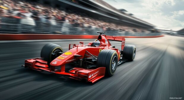 Car Wallpaper HD wirh a Formula 1 race car speeding through the final lap of a Grand Prix, with the crowd blurred in the background.